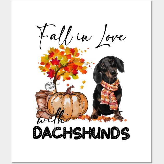 Black Dachshund Fall in Love Scarf Funny Dachshund Pumpkin Wall Art by Los Draws